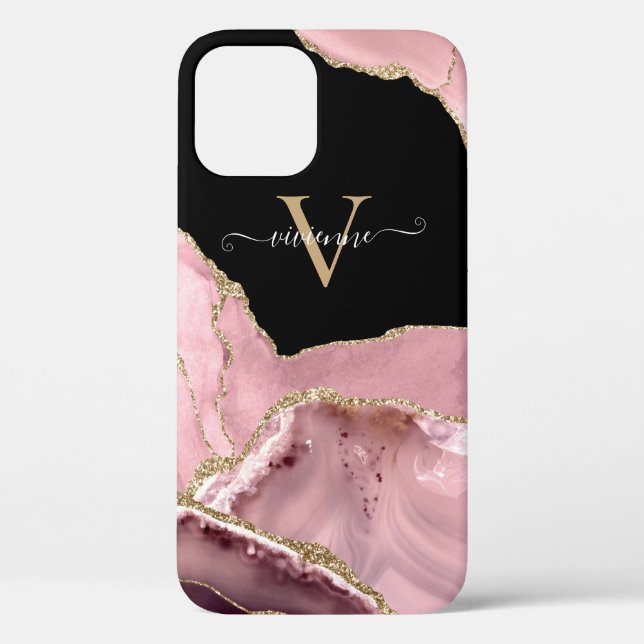 Coques Case-Mate iPhone Monogramme Pailleté Agate Or Rose (Verso)