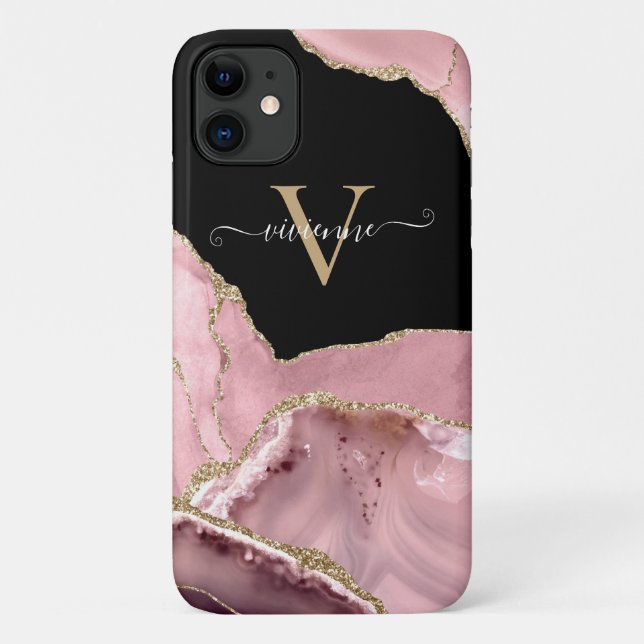Coques Case-Mate iPhone Monogramme Pailleté Agate Or Rose (Dos)