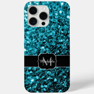 Coque iPhone 15 Pro Max Monogramme pailleté faux bleu aqua