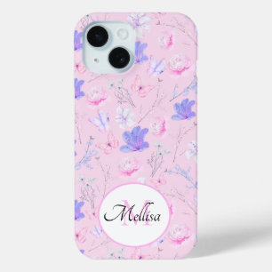Coque Pour iPhone 15 Monogramme Papillons Floraux Aquarelle Rose Pastel