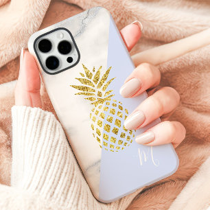 Coques iPhone 16 Pro Max Monogramme Pastel Bleu Marbré Ananas Doré