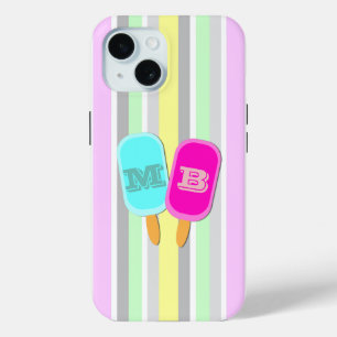 Coque Pour iPhone 15 Monogramme Pastel Stripes et Popsicles