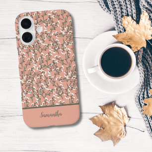 Coques iPhone 16 Pro Monogramme Pêche de corail Boho vert blanc floral