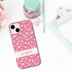 Coque Pour iPhone 14 Monogramme personnalisable coeurs roses et blancs