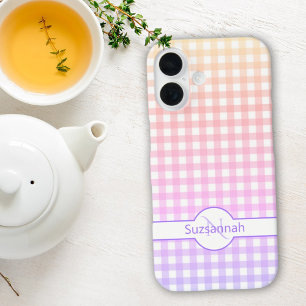 Coque Pour iPhone 16 Monogramme personnalisé à carreaux Gingham arc-en-
