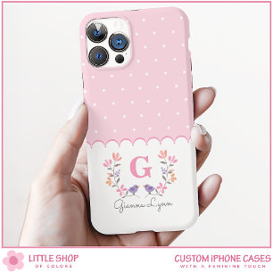 Coque Pour iPhone 16 Monogramme personnalisé à pois floraux roses