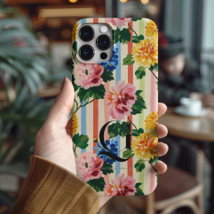 Coques iPhone 16 Pro Max Monogramme personnalisé à rayures florales