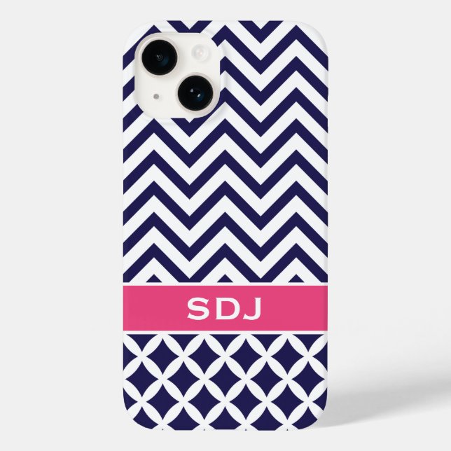 Coques Case-Mate iPhone Monogramme personnalisé bleu marine et rose Chevro (Verso)