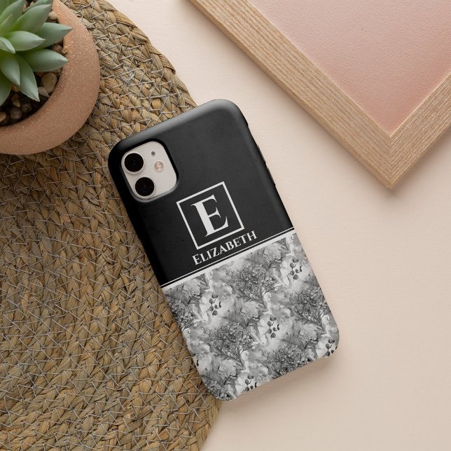 Coques Case-Mate iPhone Monogramme personnalisé Botanique florale noire et (Créateur téléchargé)