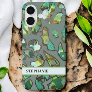 Coque Pour iPhone 16 Monogramme personnalisé camouflage abstrait vert m