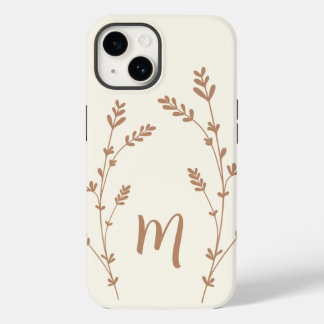 Coque Pour iPhone 14 Monogramme personnalisé chic feuille design brun