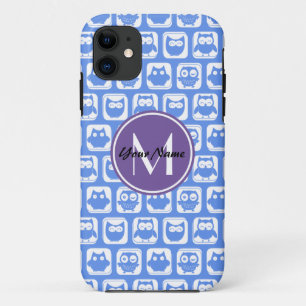 Coque iPhone 11 Monogramme personnalisé Chouette bleue et Lilac Pe