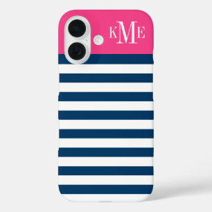 Coques iPhone 16 Monogramme Personnalisé De La Marine Magenta Rose