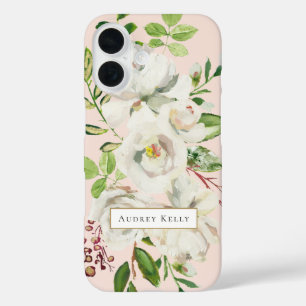 Coque Pour iPhone 16 Monogramme personnalisé des fleurs dorées   Blush