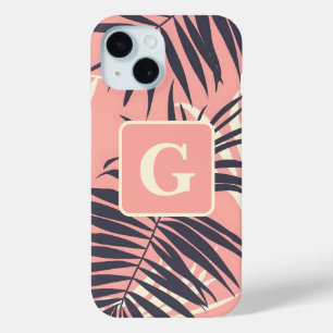 Coque Pour iPhone 15 monogramme personnalisé feuille rose pâle