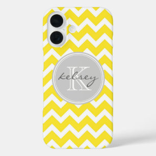 Coques iPhone 16 Monogramme personnalisé jaune et gris Chevron