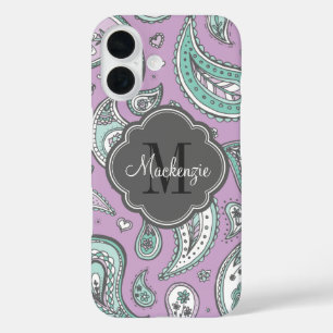 Coques iPhone 16 Monogramme personnalisé Lilac Bohemian Paisley