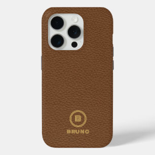 Coque iPhone 15 Pro Monogramme personnalisé minimaliste en cuir Brown