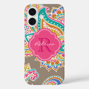 Coque Pour iPhone 16 Monogramme personnalisé Mocha Bohemian Paisley