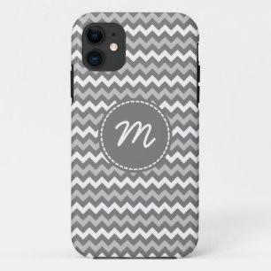 Coque iPhone 11 Monogramme personnalisé Motif gris et blanc Chevro