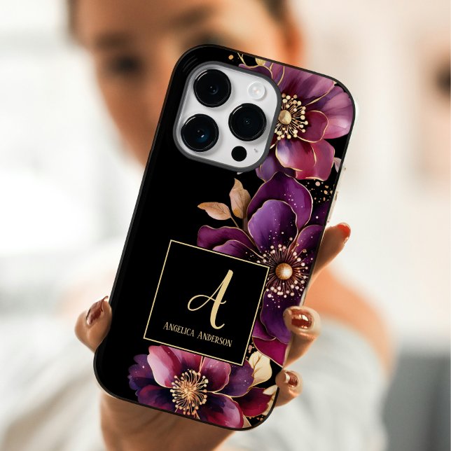 Coques Case-Mate iPhone Monogramme Personnalisé Noir Floral Violet (Créateur téléchargé)