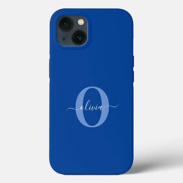 Coques Case-Mate iPhone Monogramme personnalisé Nom du script Bleu Blanc (Verso)