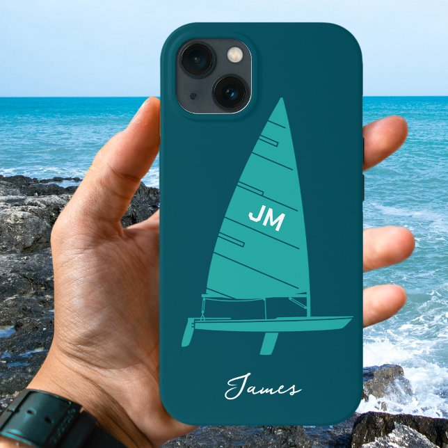 Coques Case-Mate iPhone Monogramme personnalisé Nom Voilier Course Turquoi (Créateur téléchargé)