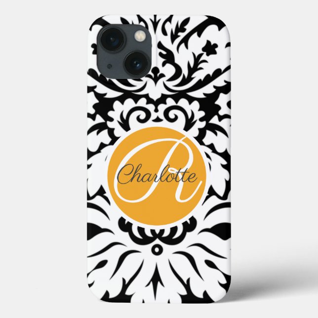 Coques Case-Mate iPhone Monogramme personnalisé Orange noir Damas (Verso)