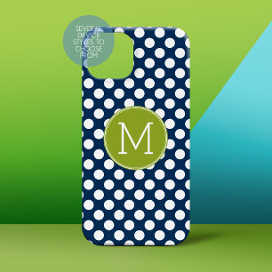 Coque Pour iPhone 14 Monogramme personnalisé Pois bleu marine et vert c