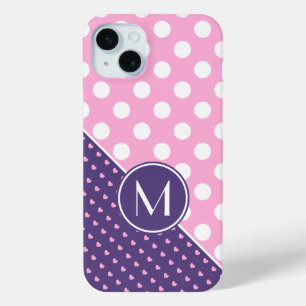 Coque iPhone 15 Mini Monogramme Personnalisé, Rose, Purple Et Blanc Po