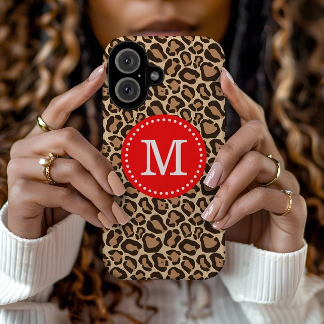 Coques Case-Mate iPhone Monogramme personnalisé rouge et Empreinte de léop (Créateur téléchargé)