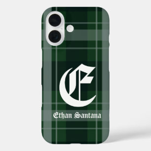 Coque Pour iPhone 16 Monogramme personnalisé vert foncé Plaid