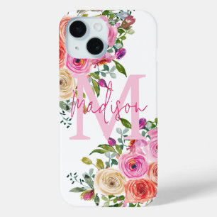 Coque Pour iPhone 15 Monogramme   Personnalisez   Aquarelle   Floral