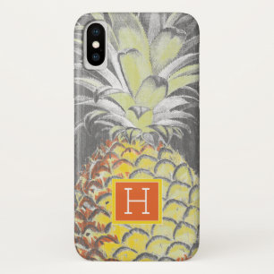 Coque iPhone X Monogramme Pinneappa jaune tropical sur gris