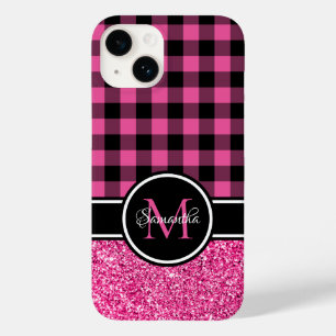 Coque Pour iPhone 14 Monogramme Plaid de bison rose chaud