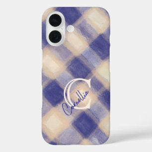 Coque Pour iPhone 16 Monogramme plaid en vichy bleu marine crème manusc