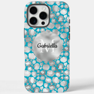 Coques iPhone 16 Pro Max Monogramme Poster de animal de léopard Aqua Silver