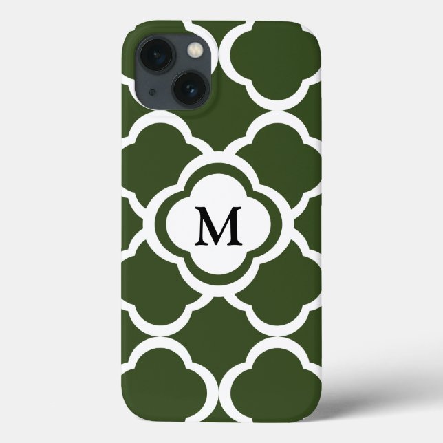 Coques Case-Mate iPhone Monogramme Quatrefeuilles Vert Cypress et Blanc (Verso)