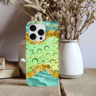 Coque iPhone 15 Pro Monogramme R Aqua Lime Gold Marbre Imaginaire Drop