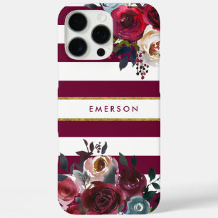 Coques iPhone 16 Pro Max Monogramme rayé floral boho bordeaux et or