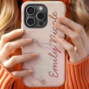 Coque Pour iPhone 15 Monogramme rose en marbre rose or