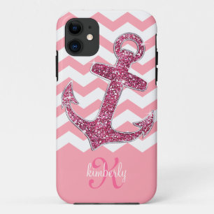 Coques Pour iPhone Monogramme rose Girly de Chevron d'Ancre de