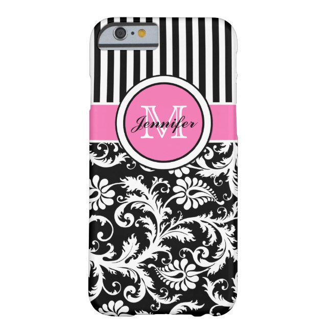Coques Case-Mate iPhone Monogramme rose, noir, blanc rayé Damas (Dos)