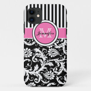 Coque Case-Mate Pour iPhone Monogramme rose, noir, blanc rayé Damas