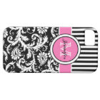 Monogramme rose, noir, blanc rayé Damas