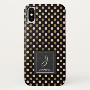 Case-Mate iPhone Case Monogramme rose, noir et de feuille d'or de polka