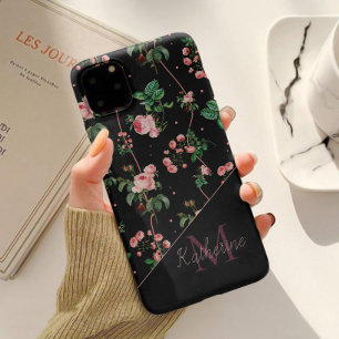 Coque Pour iPhone 14 Monogramme Rose Noir Moderne avec Fleurs Vintage