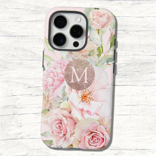 Coques iPhone 16 Pro Monogramme Rose or bleu rose Aquarelle Florale