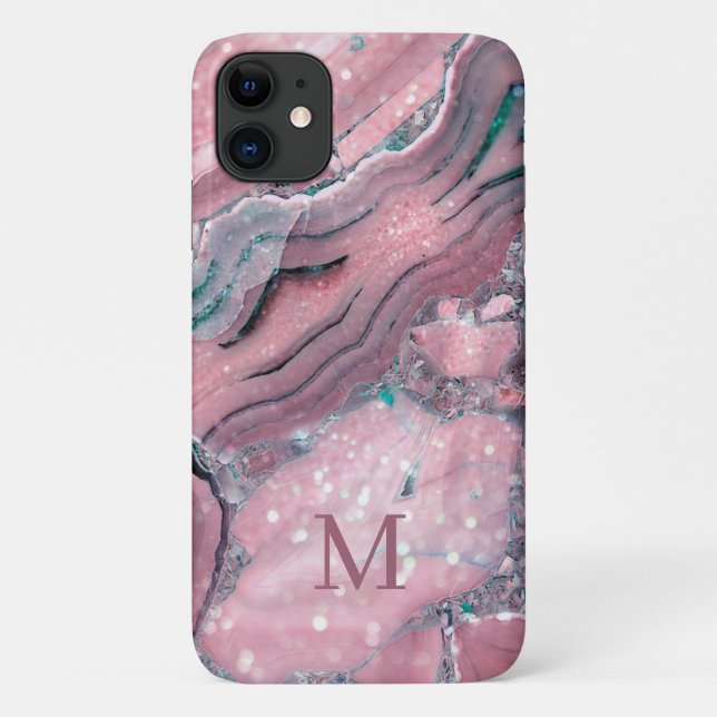 Coques Case-Mate iPhone Monogramme Rose Or rose Agate Quartz Étincelle (Dos)