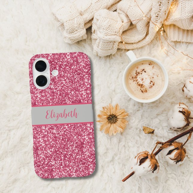 Coques Case-Mate iPhone Monogramme rose Parties scintillant gris tendance  (Pink Glitter Monogrammed Name iPhone 16, 15, 14, 13, 12 case.  Available in all current iPhone cases)